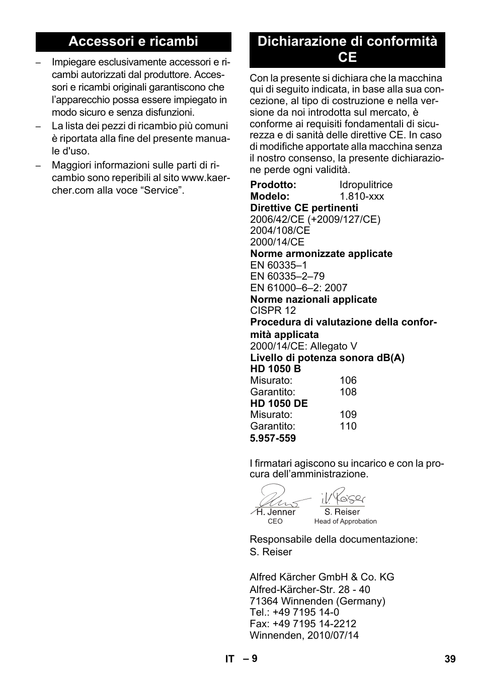 Accessori e ricambi dichiarazione di conformità ce | Karcher HD 1050 B User Manual | Page 39 / 270