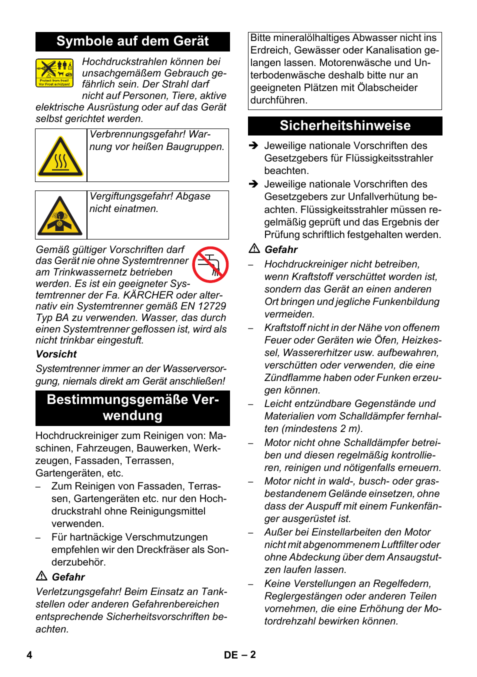 Symbole auf dem gerät, Bestimmungsgemäße ver- wendung, Sicherheitshinweise | Karcher HD 1050 B User Manual | Page 4 / 270