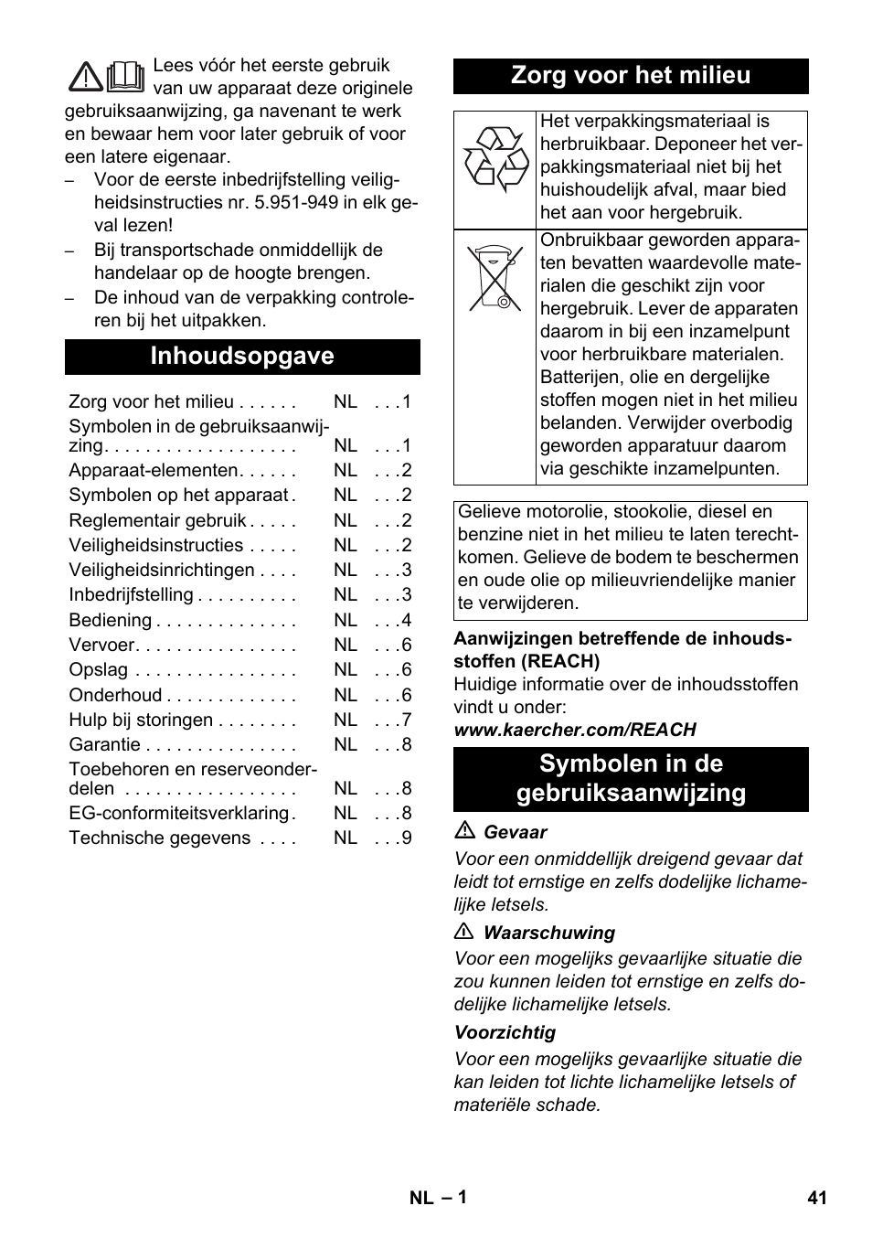 Nederlands, Inhoudsopgave, Zorg voor het milieu | Symbolen in de gebruiksaanwijzing | Karcher HD 1050 B User Manual | Page 41 / 270