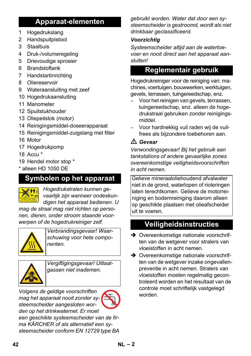 Apparaat-elementen symbolen op het apparaat, Reglementair gebruik, Veiligheidsinstructies | Karcher HD 1050 B User Manual | Page 42 / 270