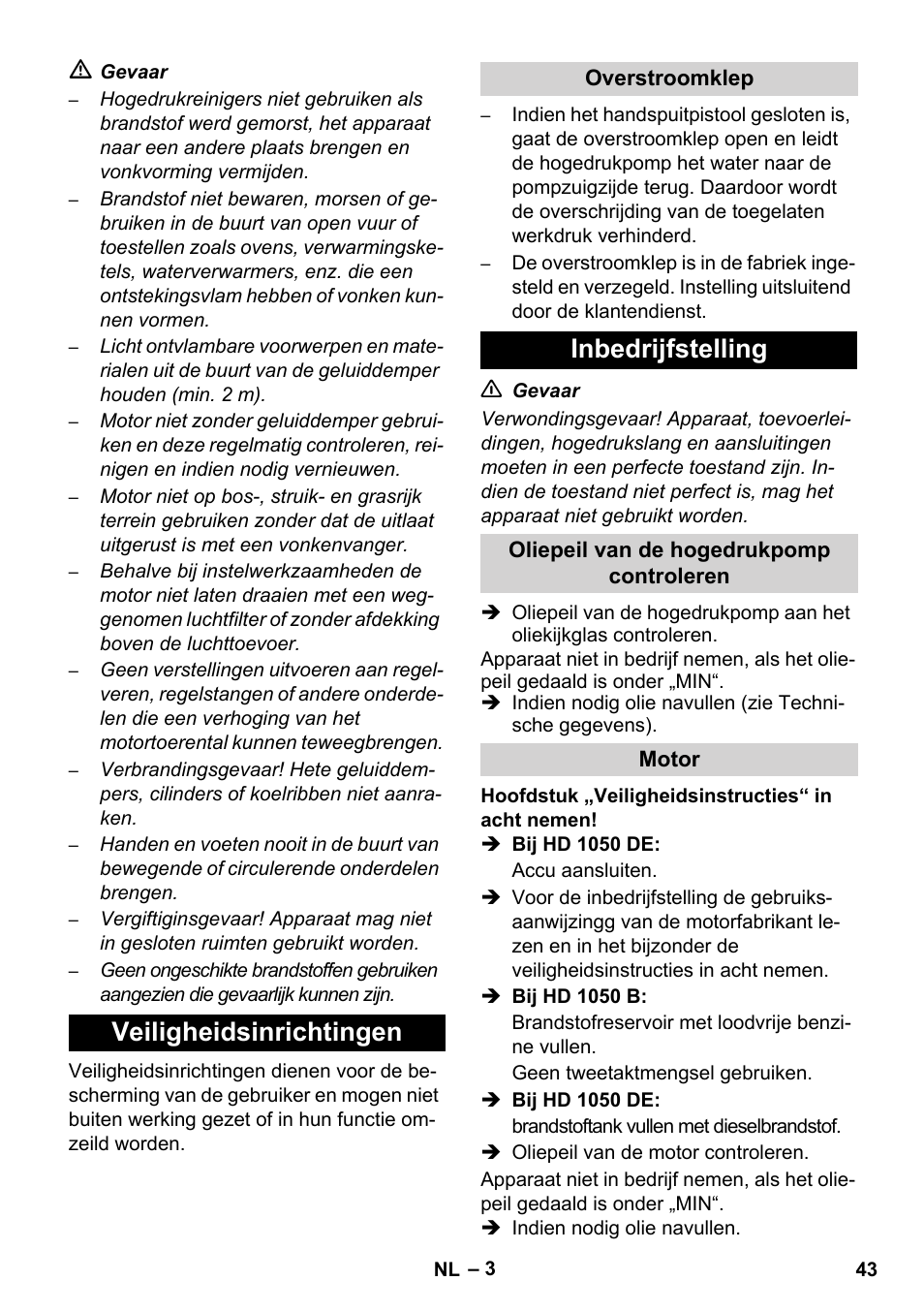 Veiligheidsinrichtingen, Inbedrijfstelling | Karcher HD 1050 B User Manual | Page 43 / 270
