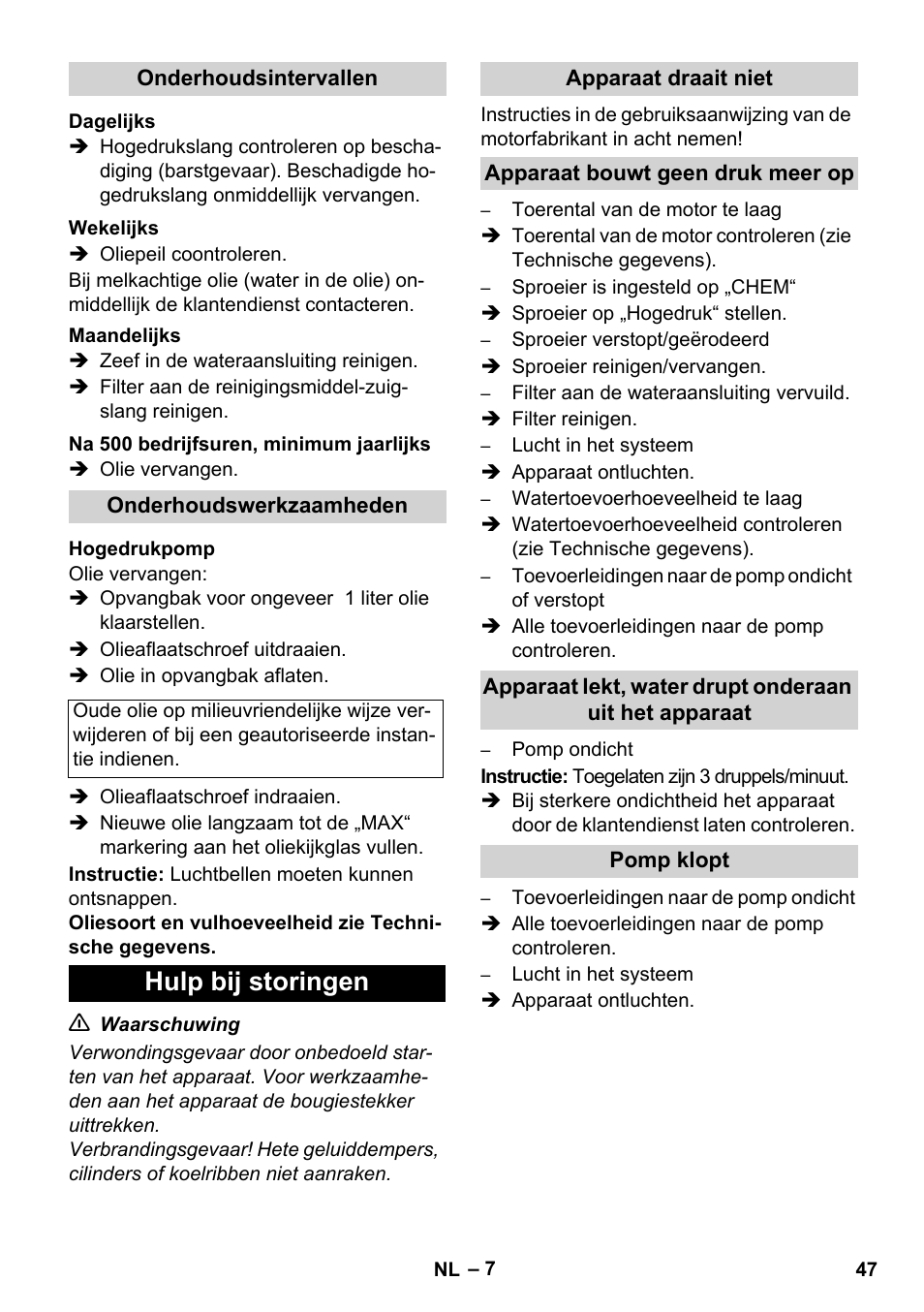 Hulp bij storingen | Karcher HD 1050 B User Manual | Page 47 / 270
