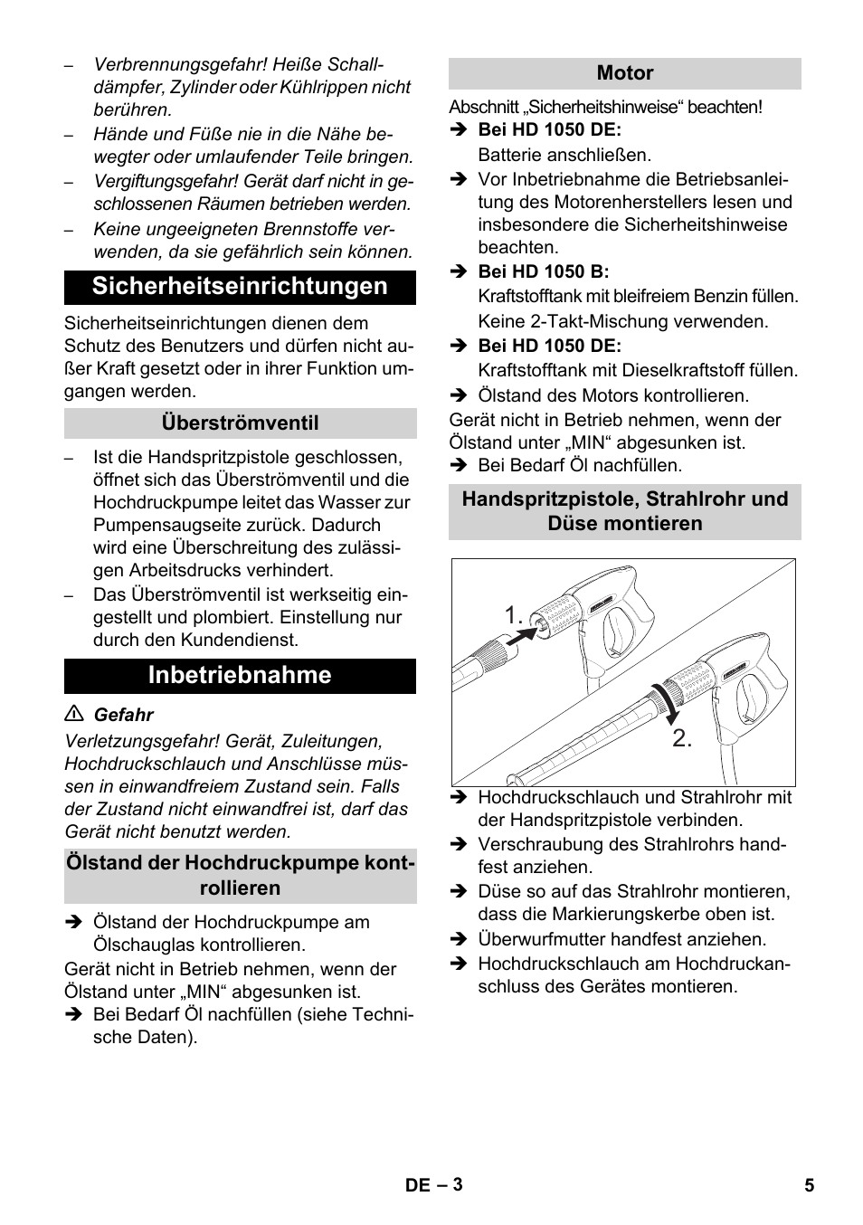 Sicherheitseinrichtungen, Inbetriebnahme | Karcher HD 1050 B User Manual | Page 5 / 270