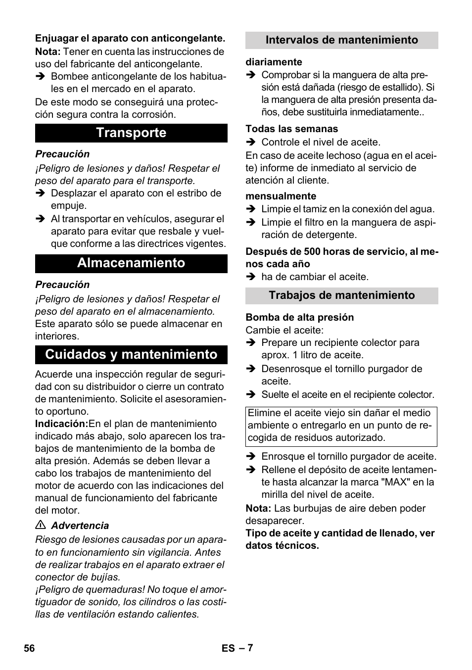 Transporte almacenamiento cuidados y mantenimiento | Karcher HD 1050 B User Manual | Page 56 / 270