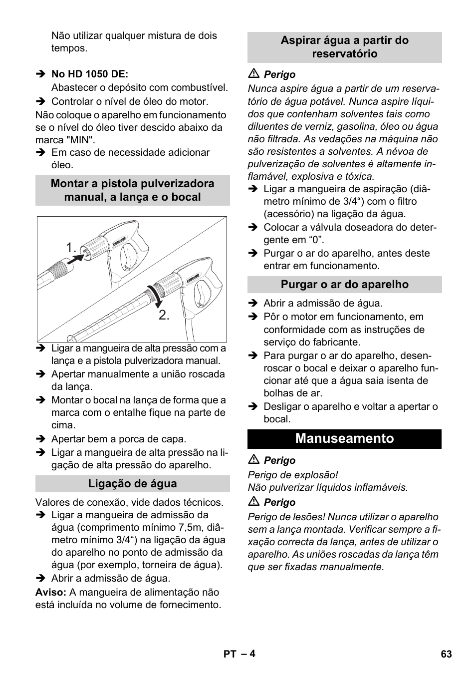Manuseamento | Karcher HD 1050 B User Manual | Page 63 / 270