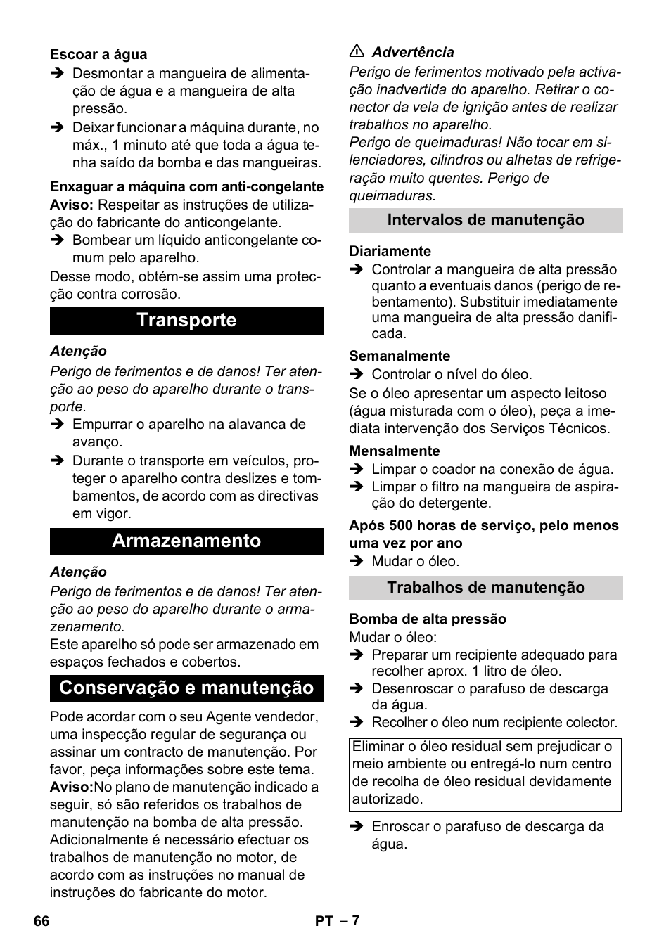 Transporte armazenamento conservação e manutenção | Karcher HD 1050 B User Manual | Page 66 / 270
