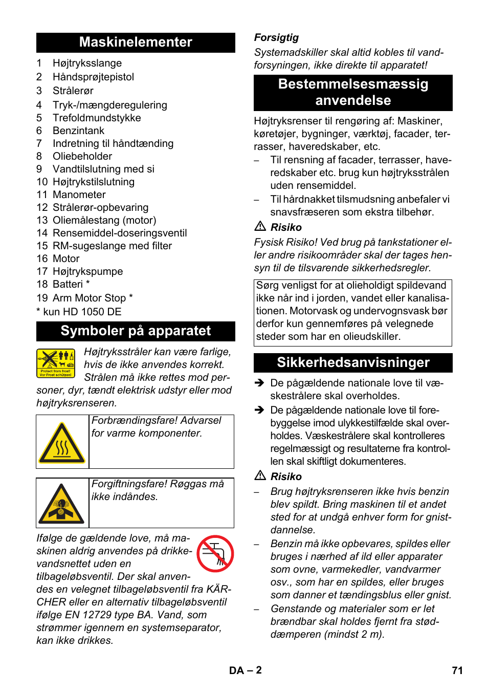 Maskinelementer symboler på apparatet, Bestemmelsesmæssig anvendelse, Sikkerhedsanvisninger | Karcher HD 1050 B User Manual | Page 71 / 270