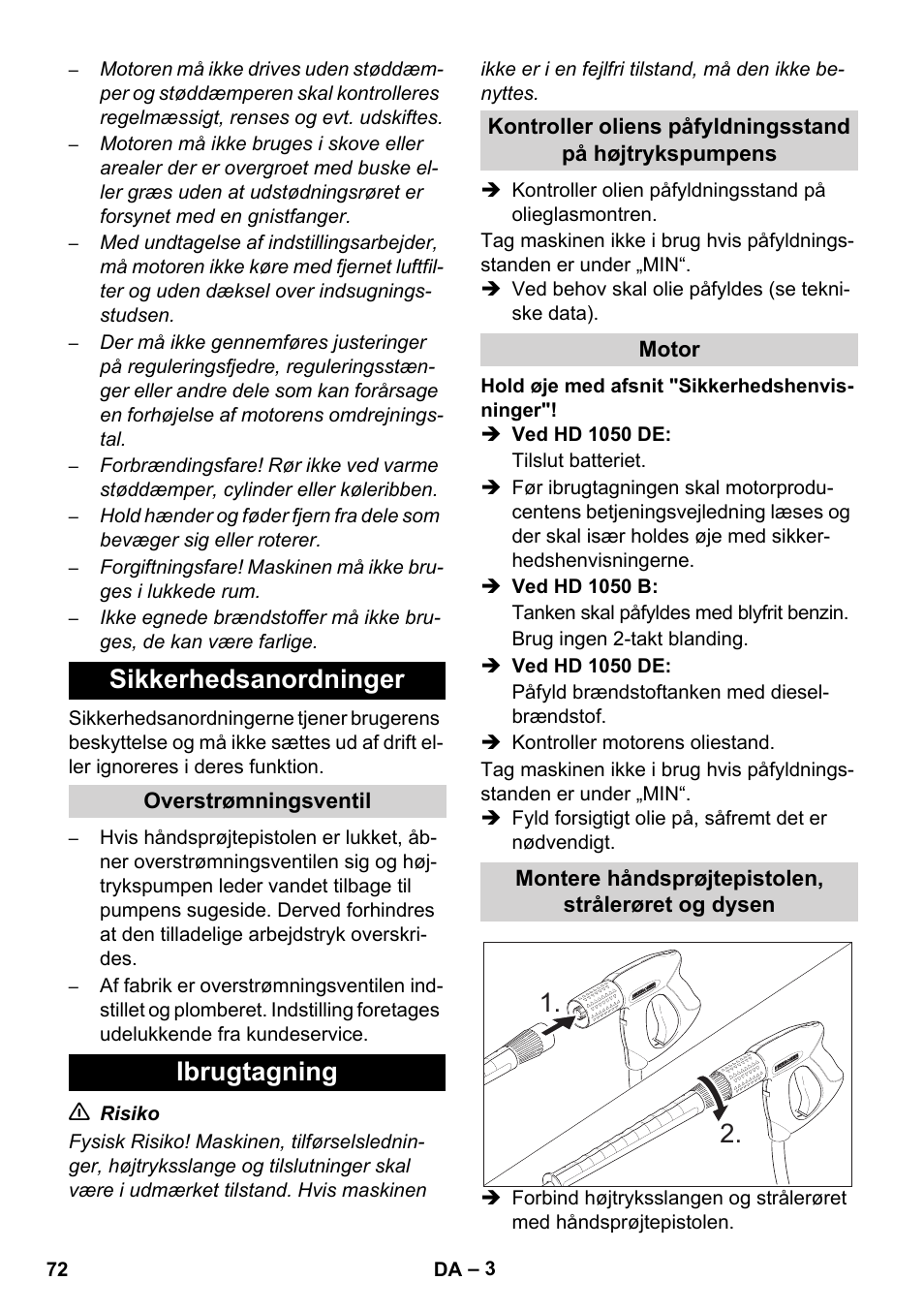 Sikkerhedsanordninger, Ibrugtagning | Karcher HD 1050 B User Manual | Page 72 / 270