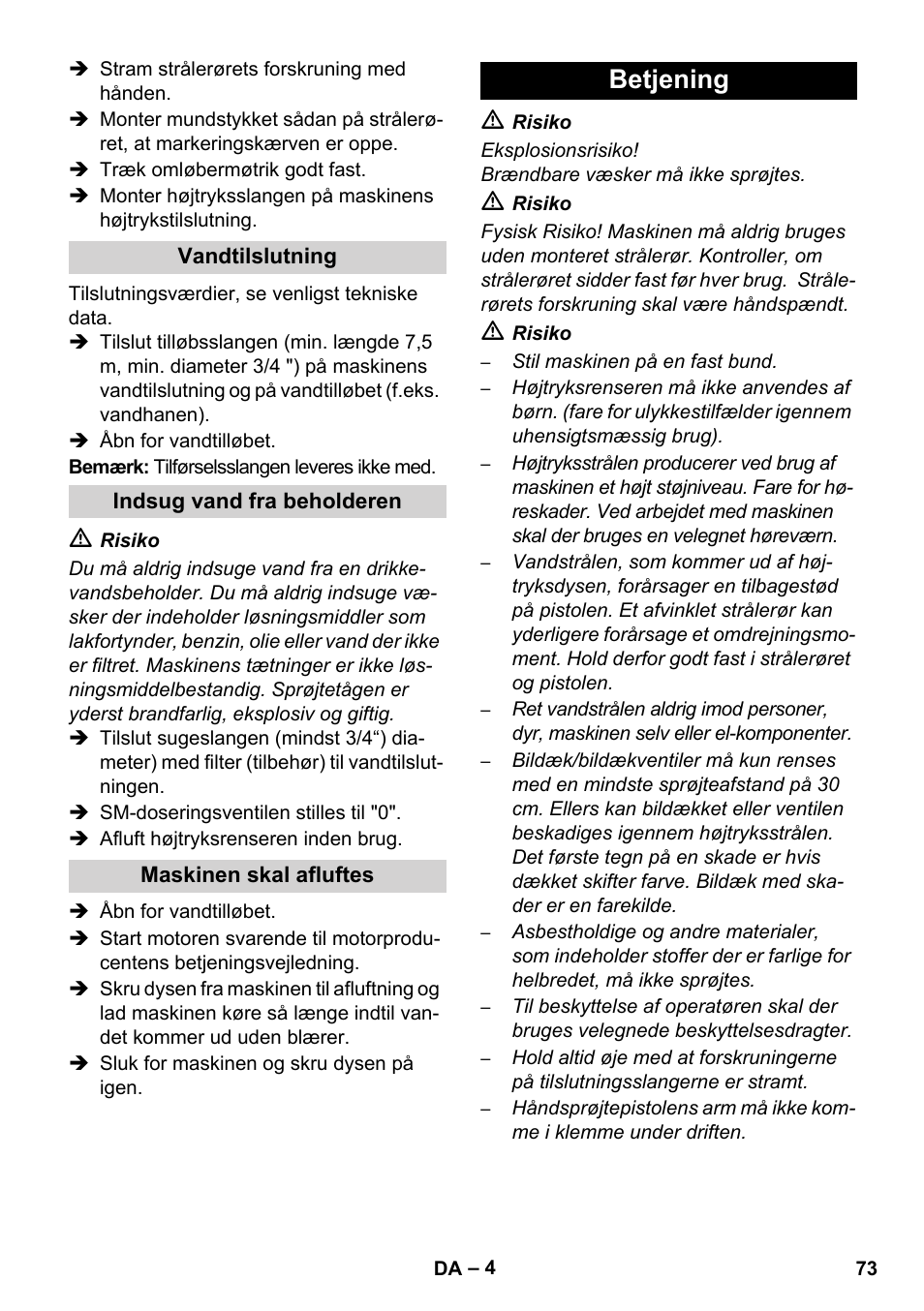 Betjening | Karcher HD 1050 B User Manual | Page 73 / 270