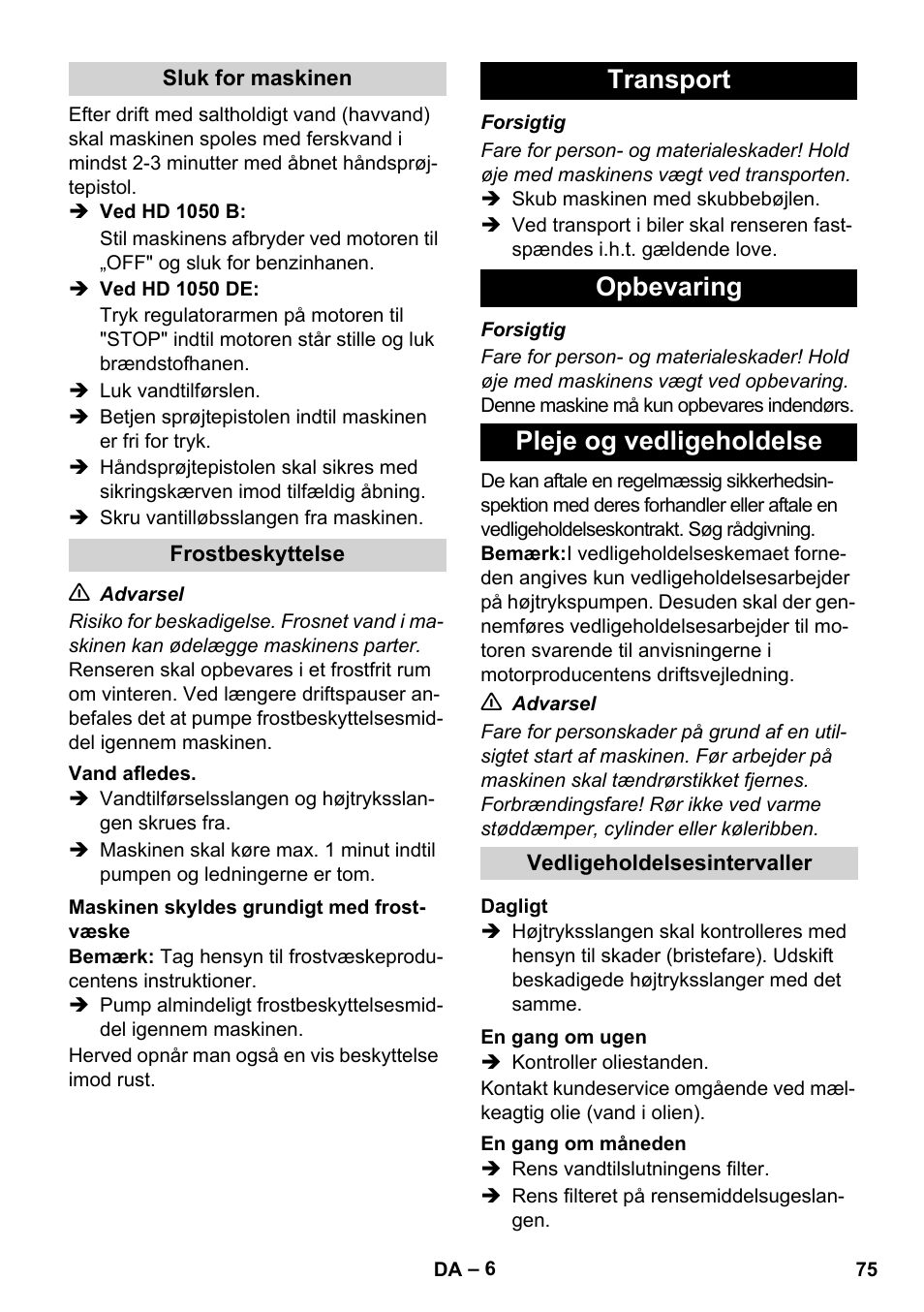 Transport opbevaring pleje og vedligeholdelse | Karcher HD 1050 B User Manual | Page 75 / 270
