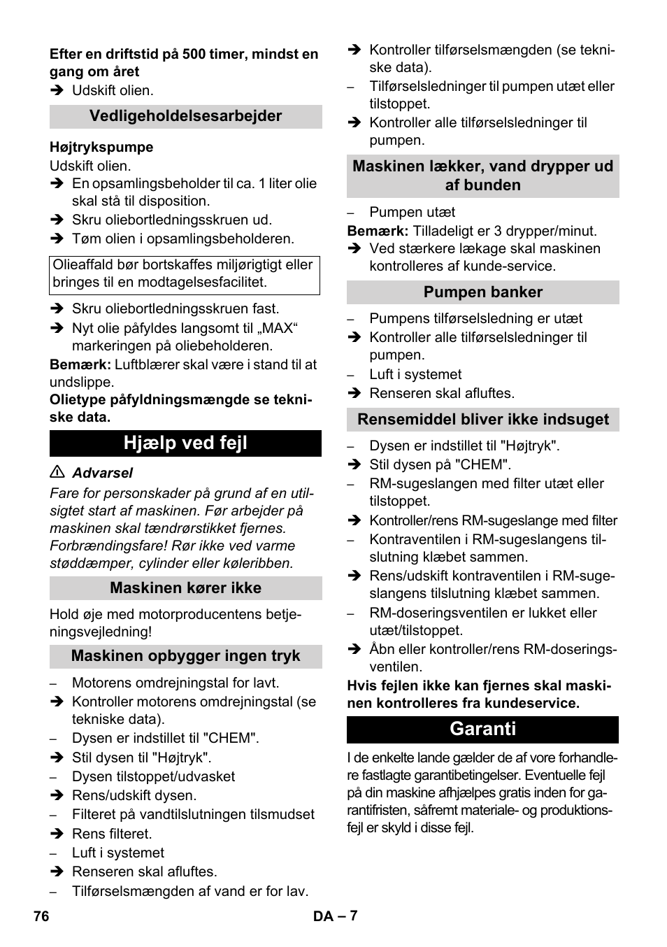 Hjælp ved fejl, Garanti | Karcher HD 1050 B User Manual | Page 76 / 270