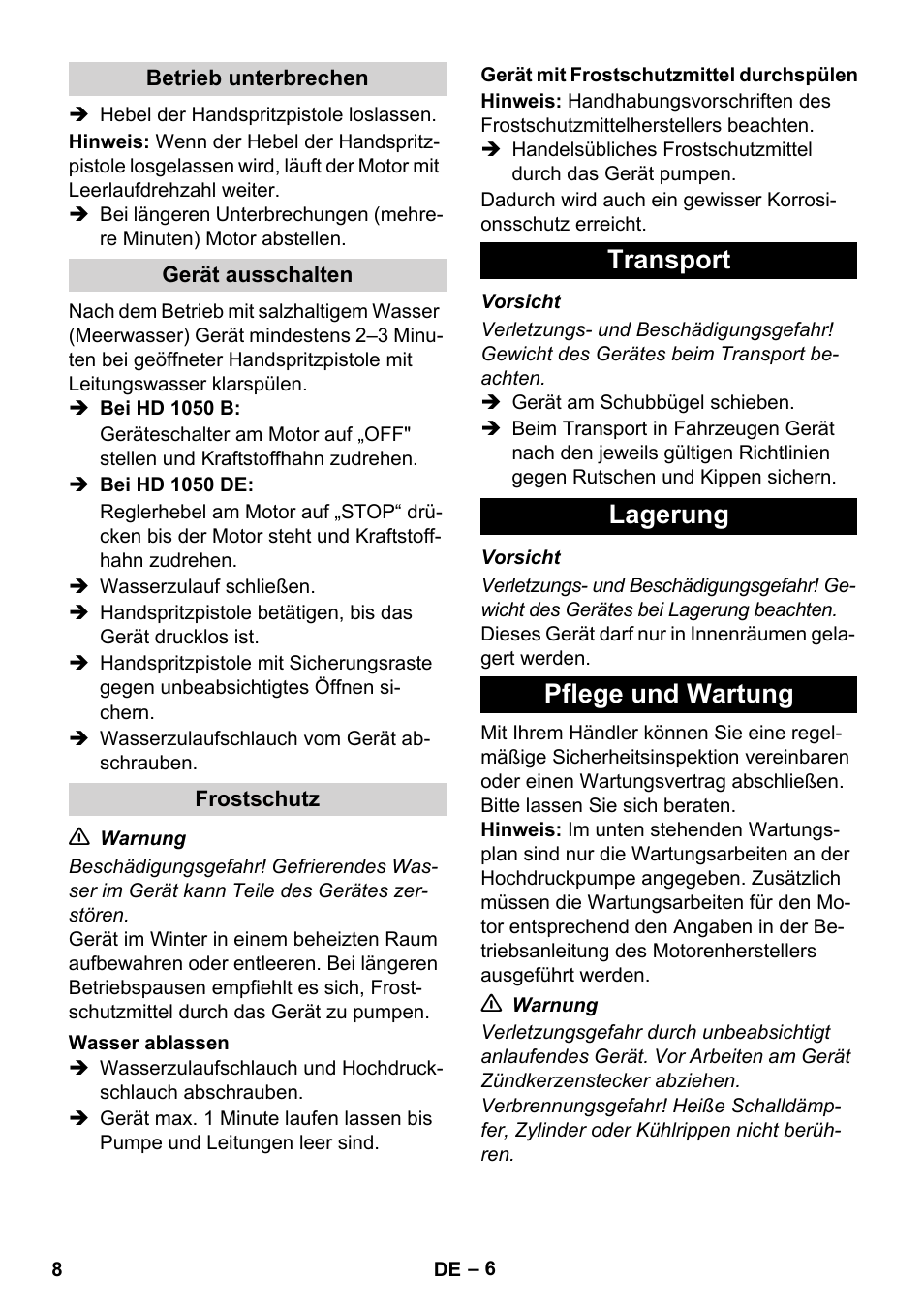 Transport lagerung pflege und wartung | Karcher HD 1050 B User Manual | Page 8 / 270