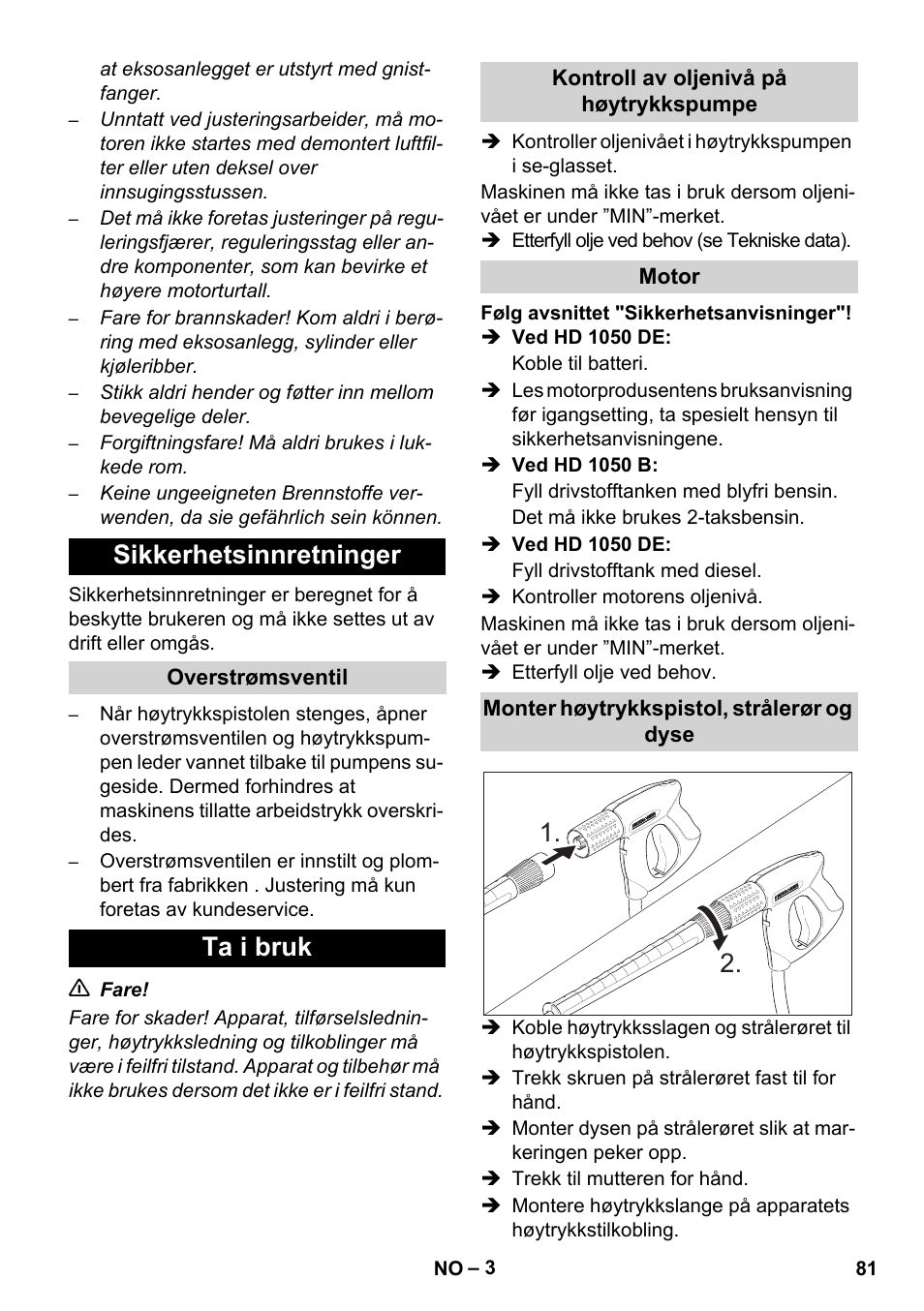 Sikkerhetsinnretninger, Ta i bruk | Karcher HD 1050 B User Manual | Page 81 / 270