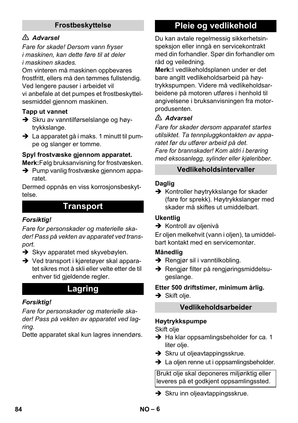 Transport lagring pleie og vedlikehold | Karcher HD 1050 B User Manual | Page 84 / 270