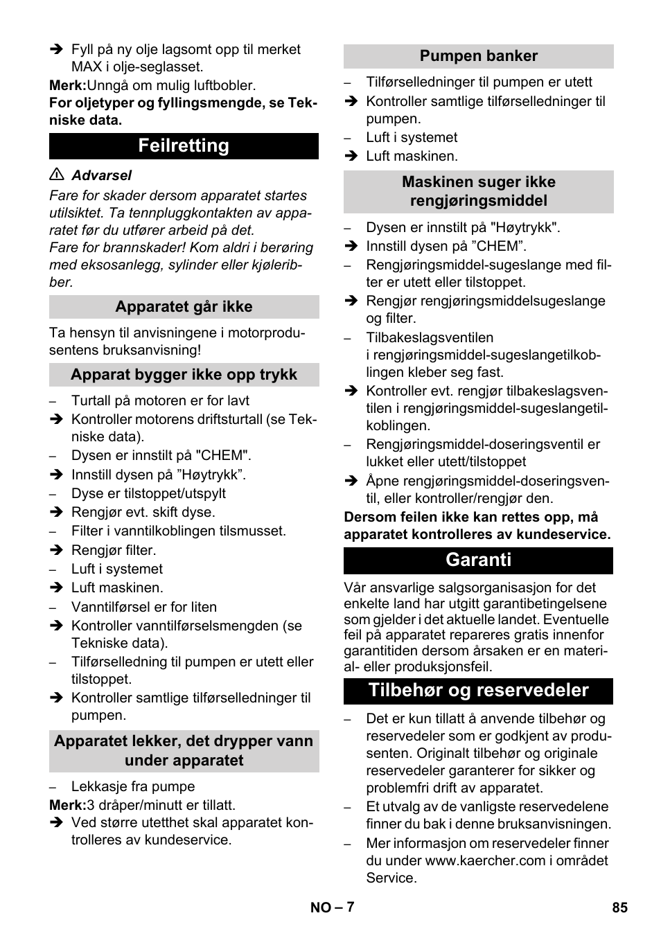 Feilretting, Garanti tilbehør og reservedeler | Karcher HD 1050 B User Manual | Page 85 / 270