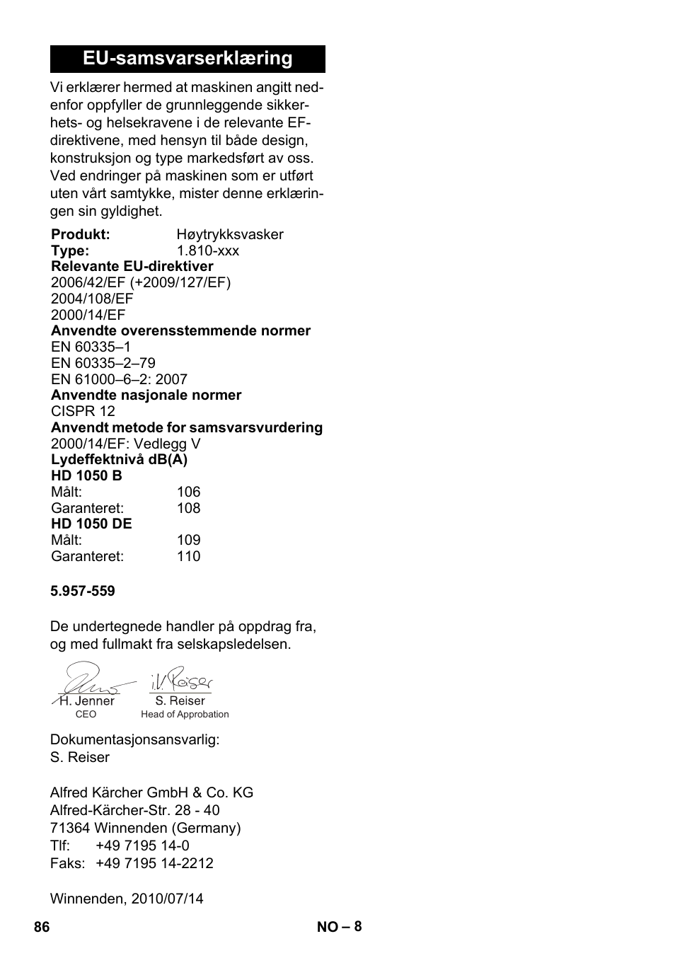 Eu-samsvarserklæring | Karcher HD 1050 B User Manual | Page 86 / 270