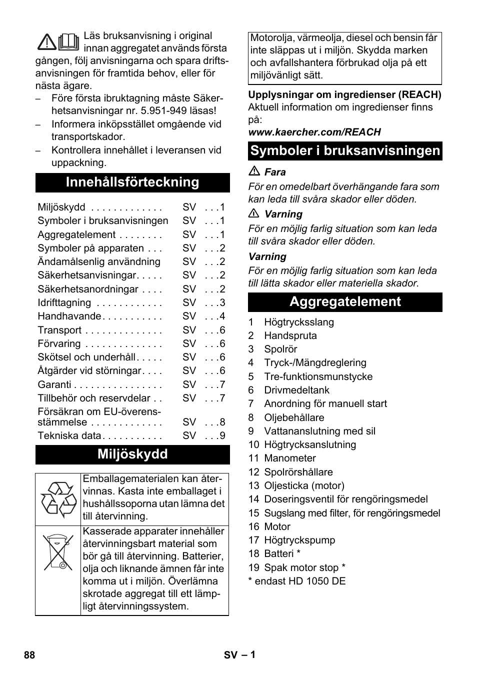 Svenska, Innehållsförteckning, Miljöskydd | Symboler i bruksanvisningen aggregatelement | Karcher HD 1050 B User Manual | Page 88 / 270