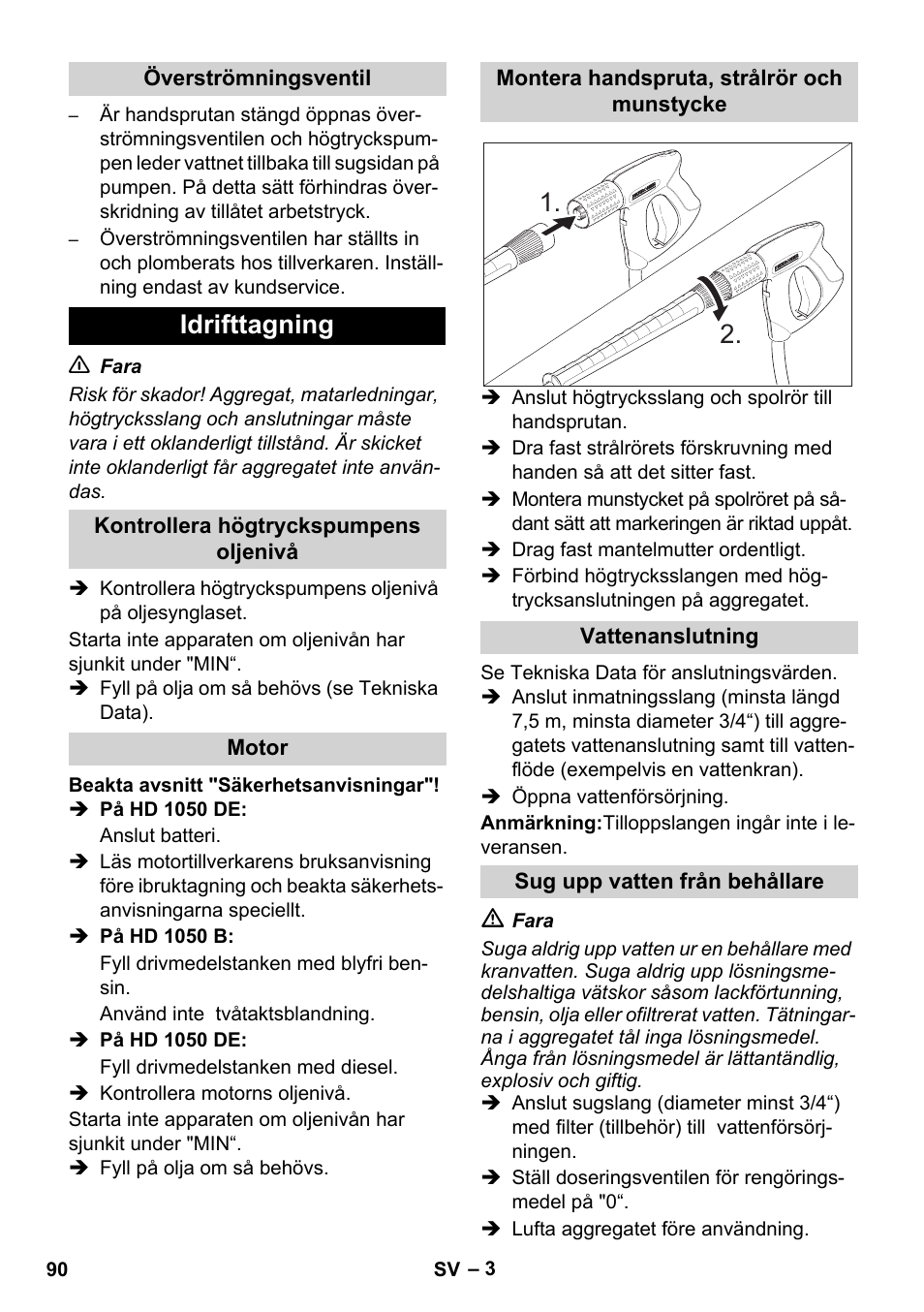 Idrifttagning | Karcher HD 1050 B User Manual | Page 90 / 270