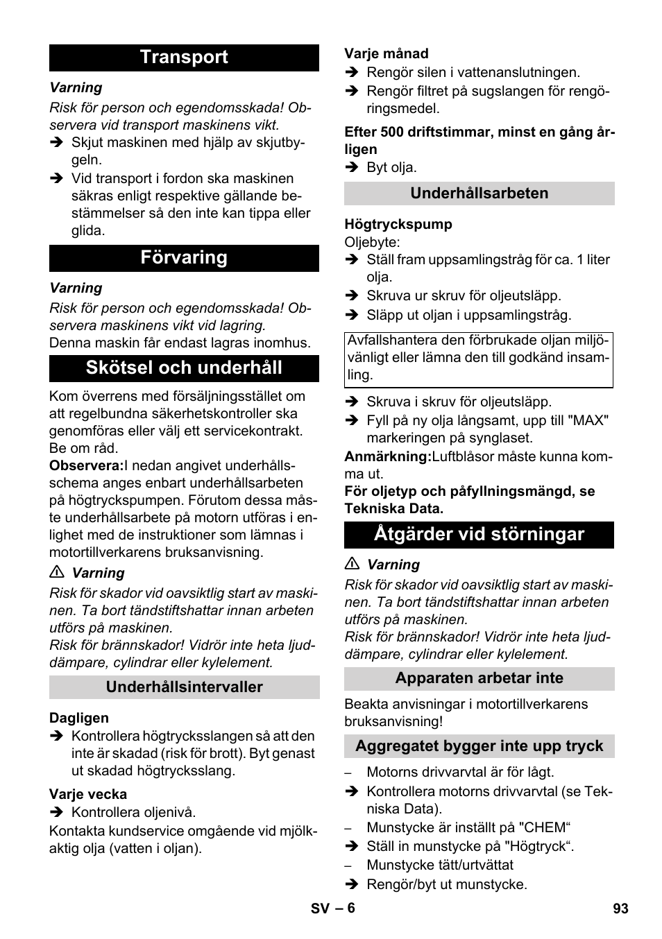Transport förvaring skötsel och underhåll, Åtgärder vid störningar | Karcher HD 1050 B User Manual | Page 93 / 270
