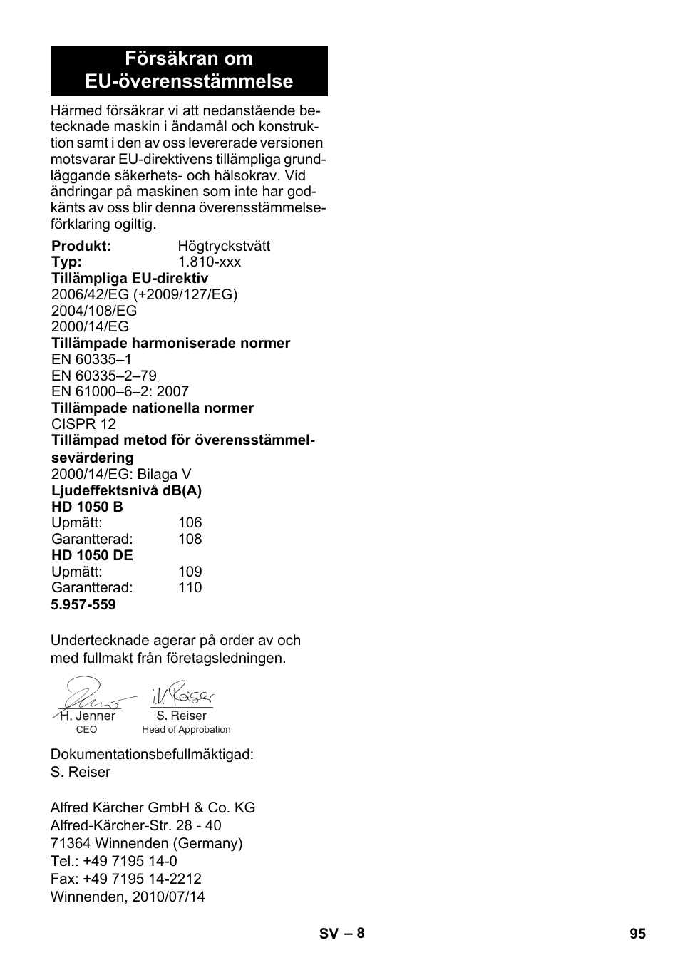 Försäkran om eu-överensstämmelse | Karcher HD 1050 B User Manual | Page 95 / 270