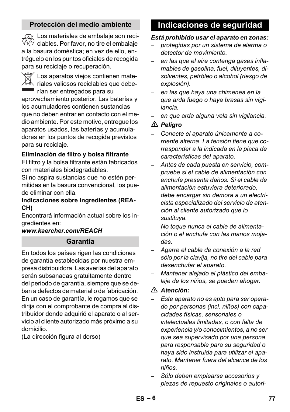 Indicaciones de seguridad | Karcher Robot RC 3000 User Manual | Page 77 / 400