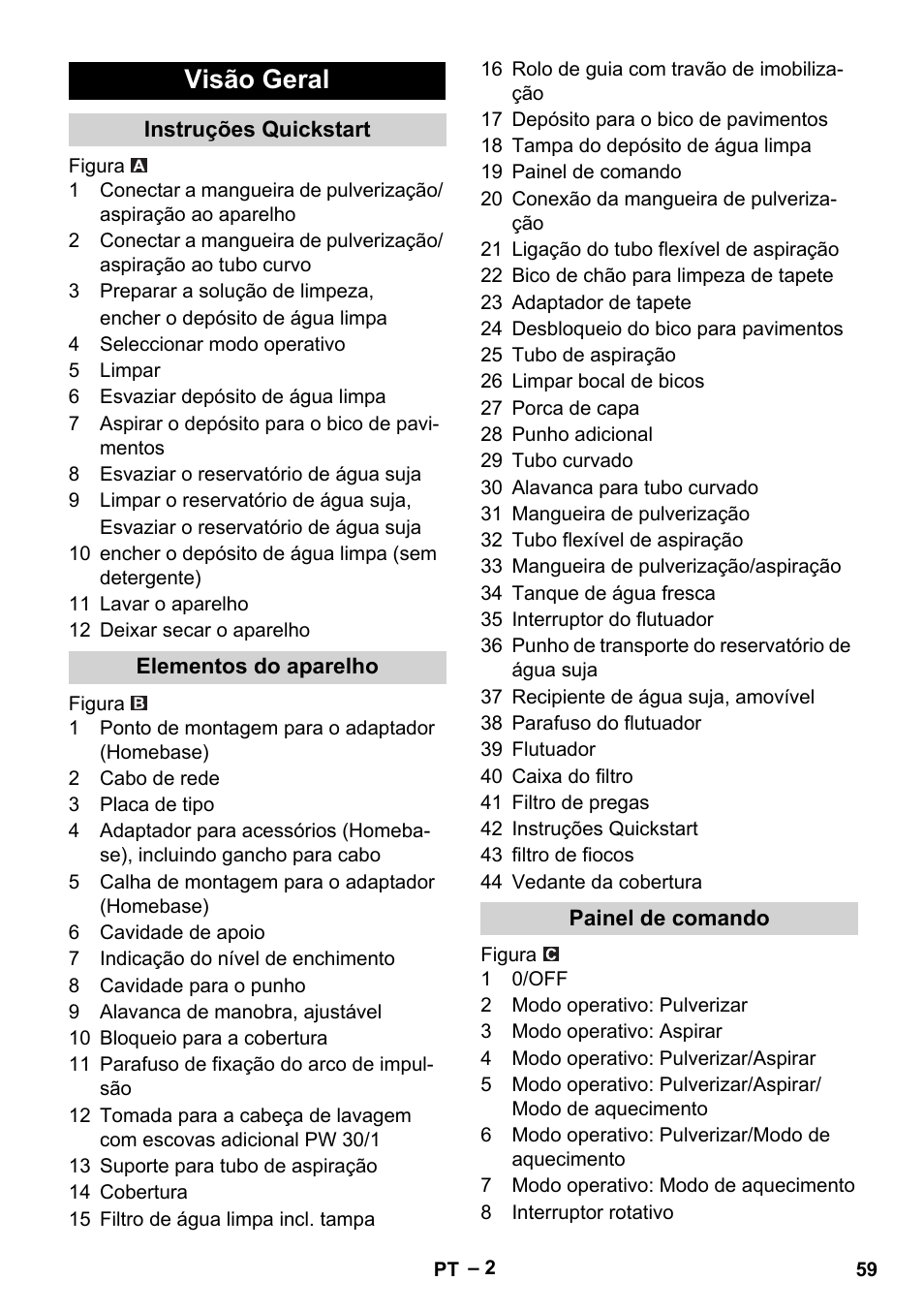 Visão geral, Instruções quickstart, Elementos do aparelho | Painel de comando | Karcher Puzzi 30-4 E User Manual | Page 59 / 244