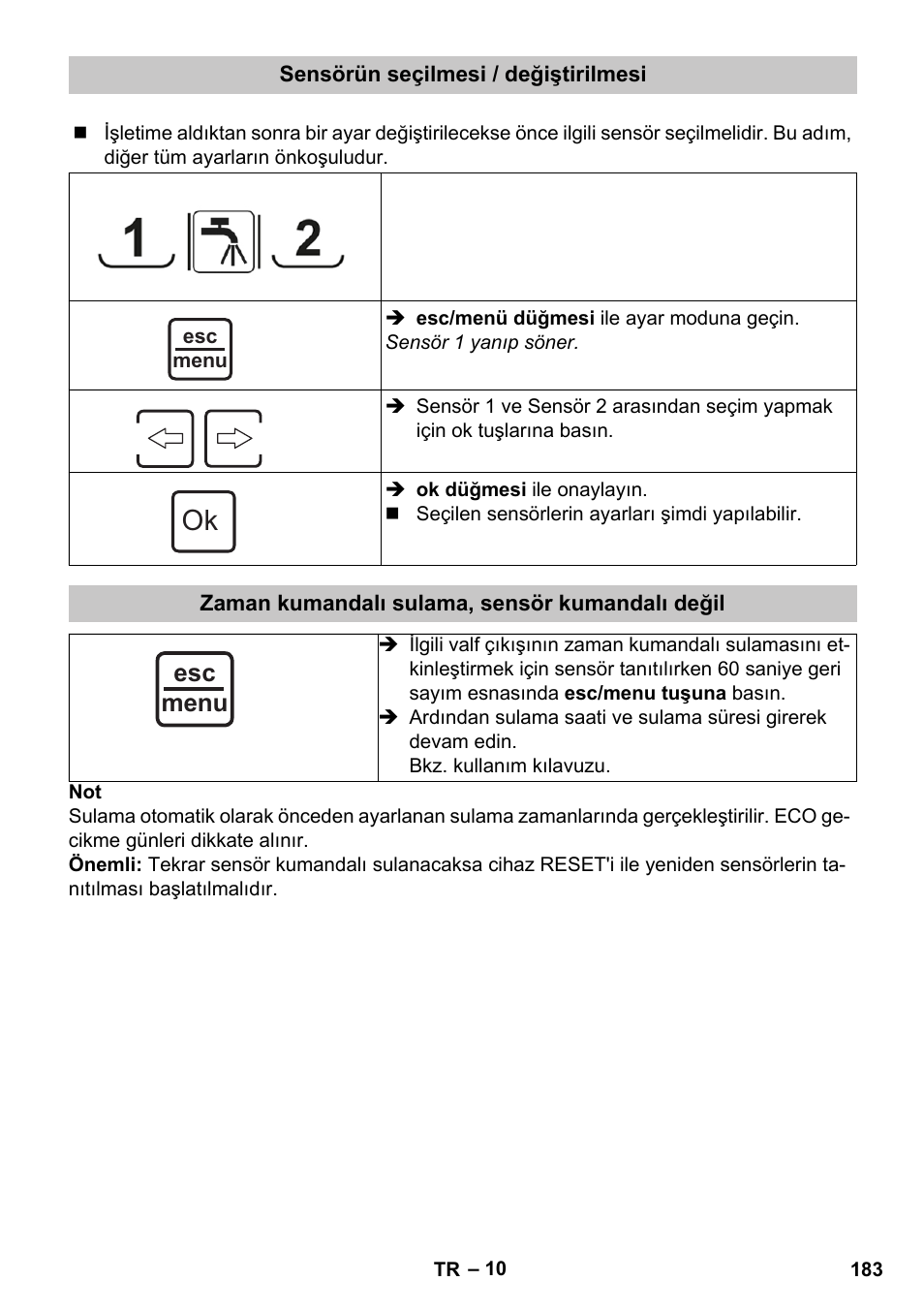 Sensörün seçilmesi / değiştirilmesi, Zaman kumandalı sulama, sensör kumandalı değil, Esc menu | Karcher SensorTimer TM ST6 DUO eco!ogic User Manual | Page 183 / 374