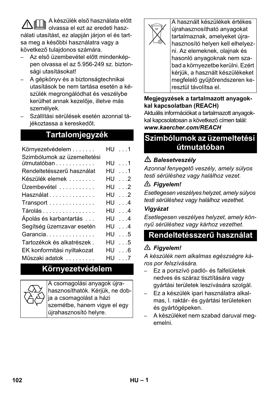 Magyar, Tartalomjegyzék, Környezetvédelem | Karcher IVC 60-30 Tact User Manual | Page 102 / 192