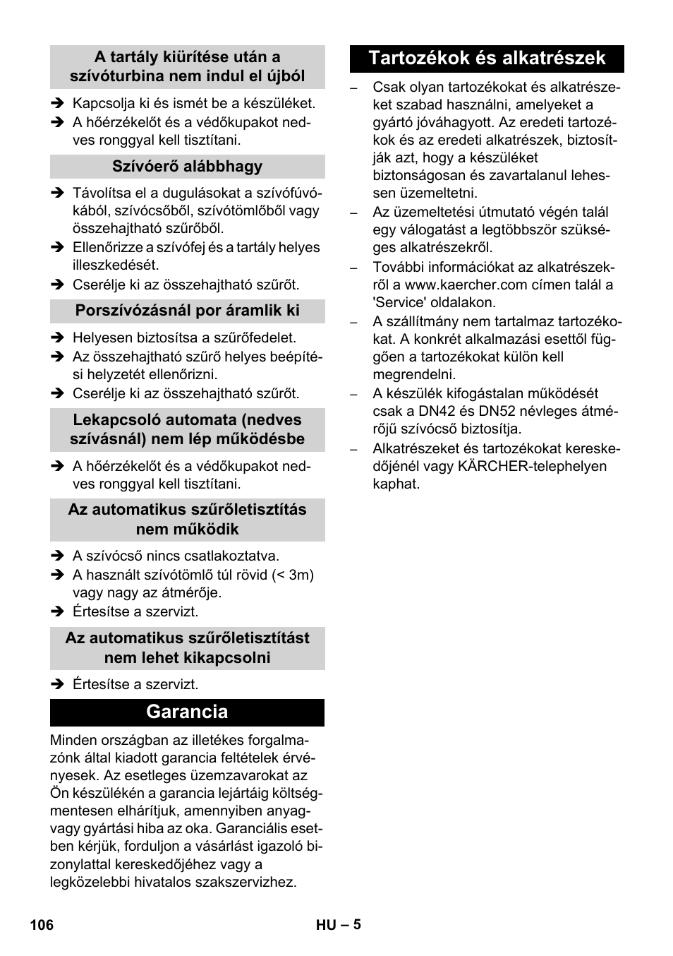 Garancia tartozékok és alkatrészek | Karcher IVC 60-30 Tact User Manual | Page 106 / 192