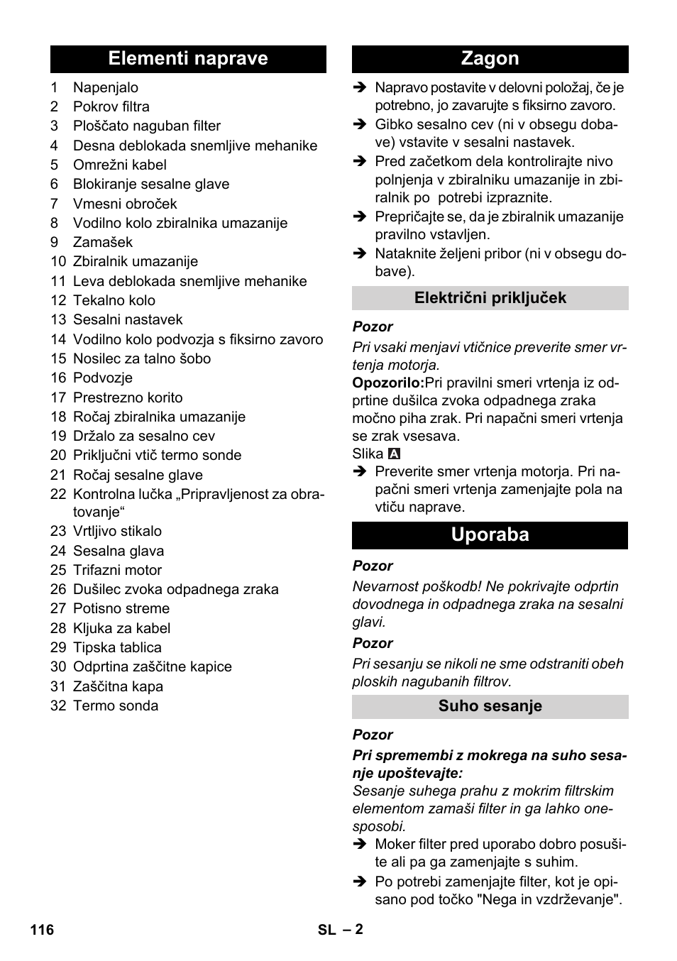 Elementi naprave zagon, Uporaba | Karcher IVC 60-30 Tact User Manual | Page 116 / 192