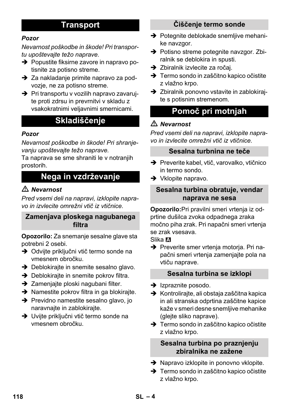 Transport skladiščenje nega in vzdrževanje, Pomoč pri motnjah | Karcher IVC 60-30 Tact User Manual | Page 118 / 192