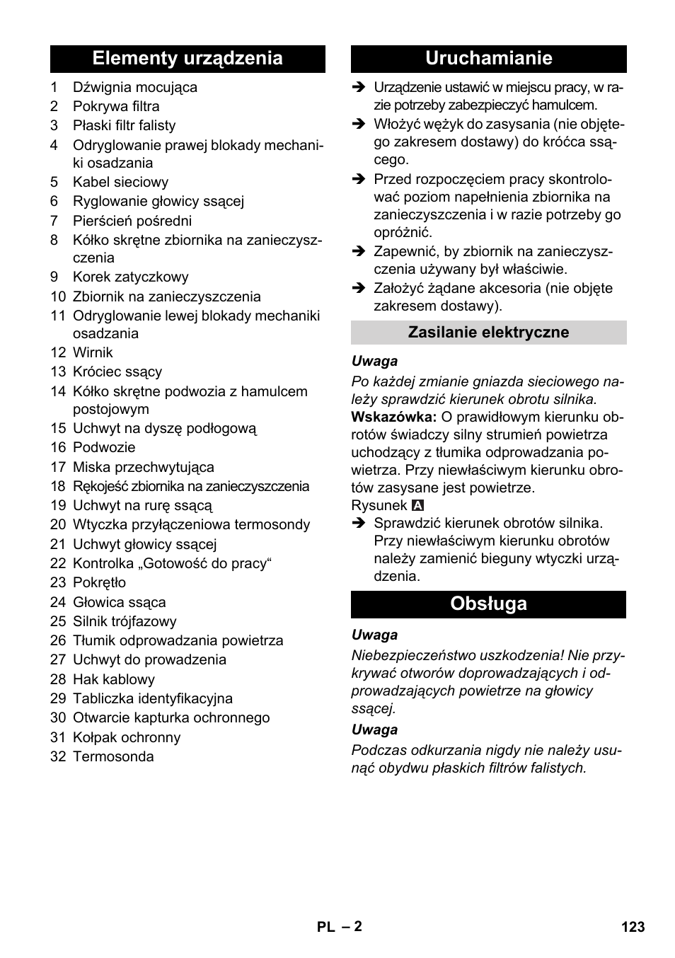 Elementy urządzenia uruchamianie, Obsługa | Karcher IVC 60-30 Tact User Manual | Page 123 / 192