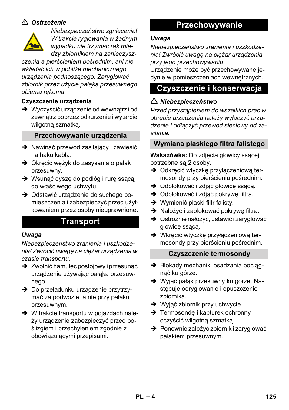 Transport przechowywanie czyszczenie i konserwacja | Karcher IVC 60-30 Tact User Manual | Page 125 / 192