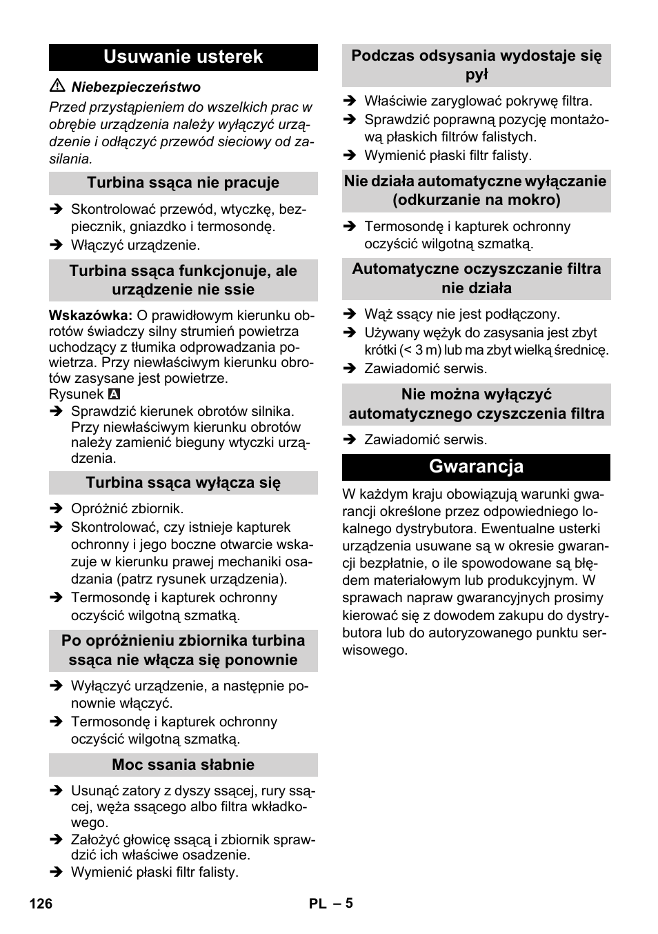 Usuwanie usterek, Gwarancja | Karcher IVC 60-30 Tact User Manual | Page 126 / 192