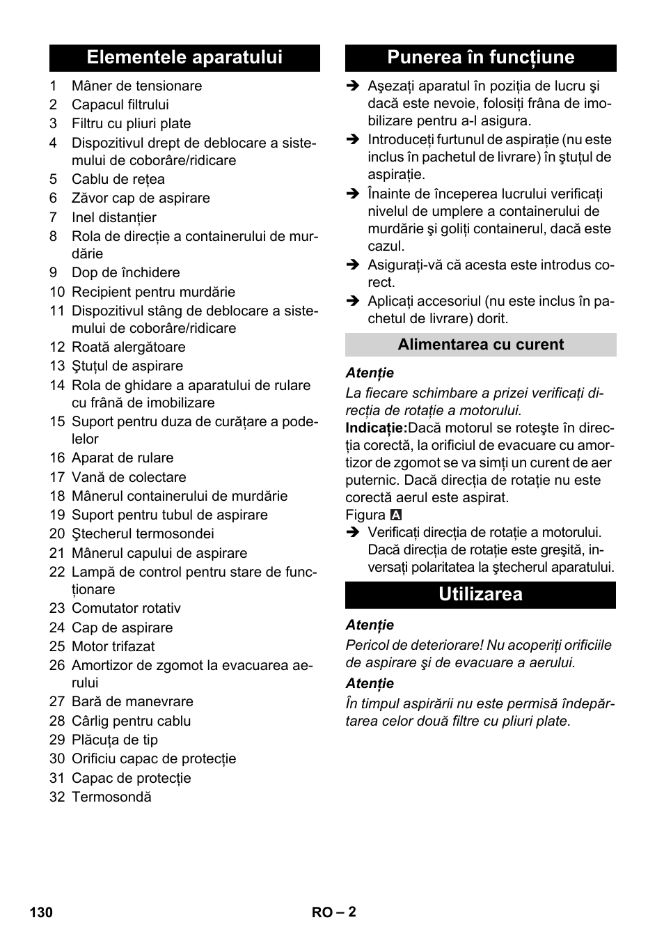 Elementele aparatului punerea în funcţiune, Utilizarea | Karcher IVC 60-30 Tact User Manual | Page 130 / 192