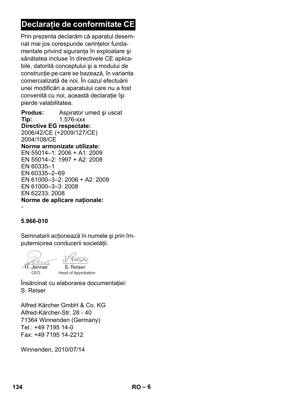 Declaraţie de conformitate ce | Karcher IVC 60-30 Tact User Manual | Page 134 / 192