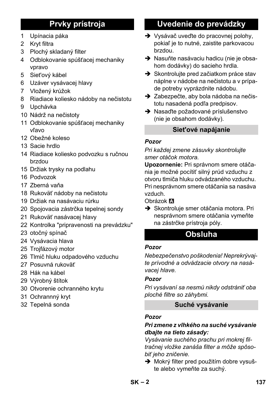 Prvky prístroja uvedenie do prevádzky, Obsluha | Karcher IVC 60-30 Tact User Manual | Page 137 / 192