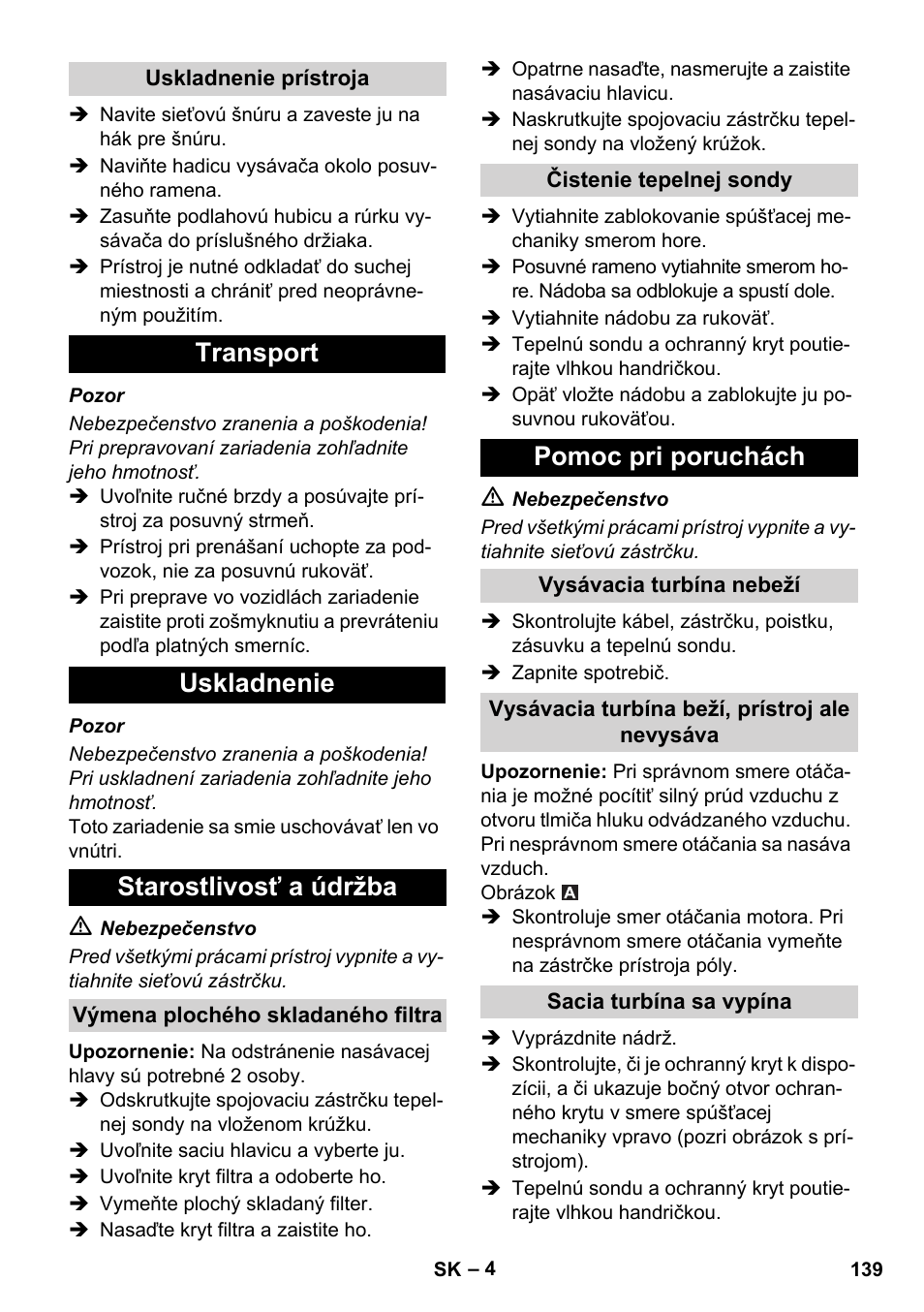 Transport uskladnenie starostlivosť a údržba, Pomoc pri poruchách | Karcher IVC 60-30 Tact User Manual | Page 139 / 192