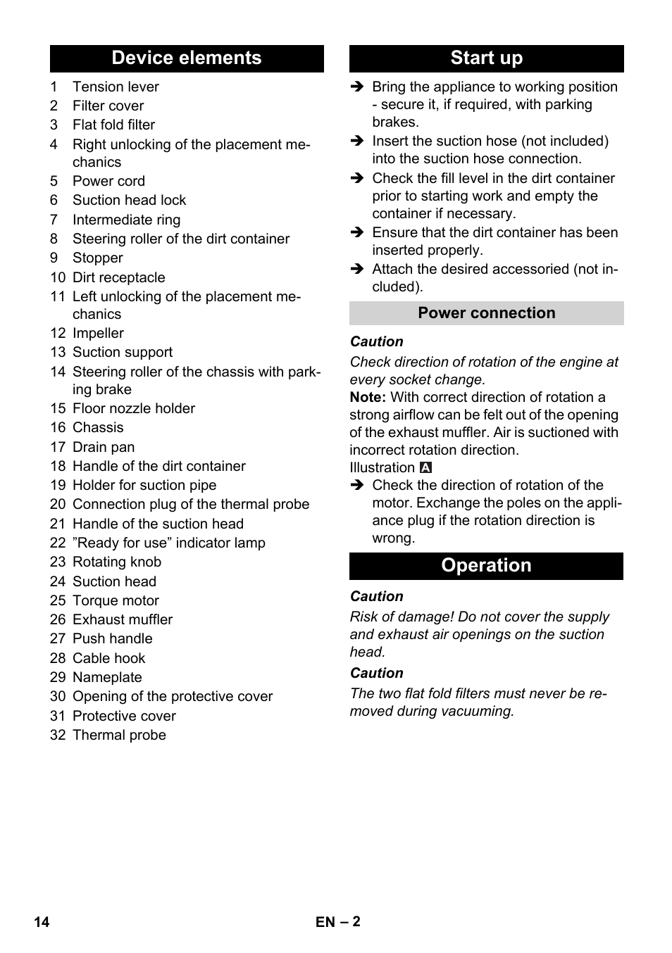 Device elements start up, Operation | Karcher IVC 60-30 Tact User Manual | Page 14 / 192