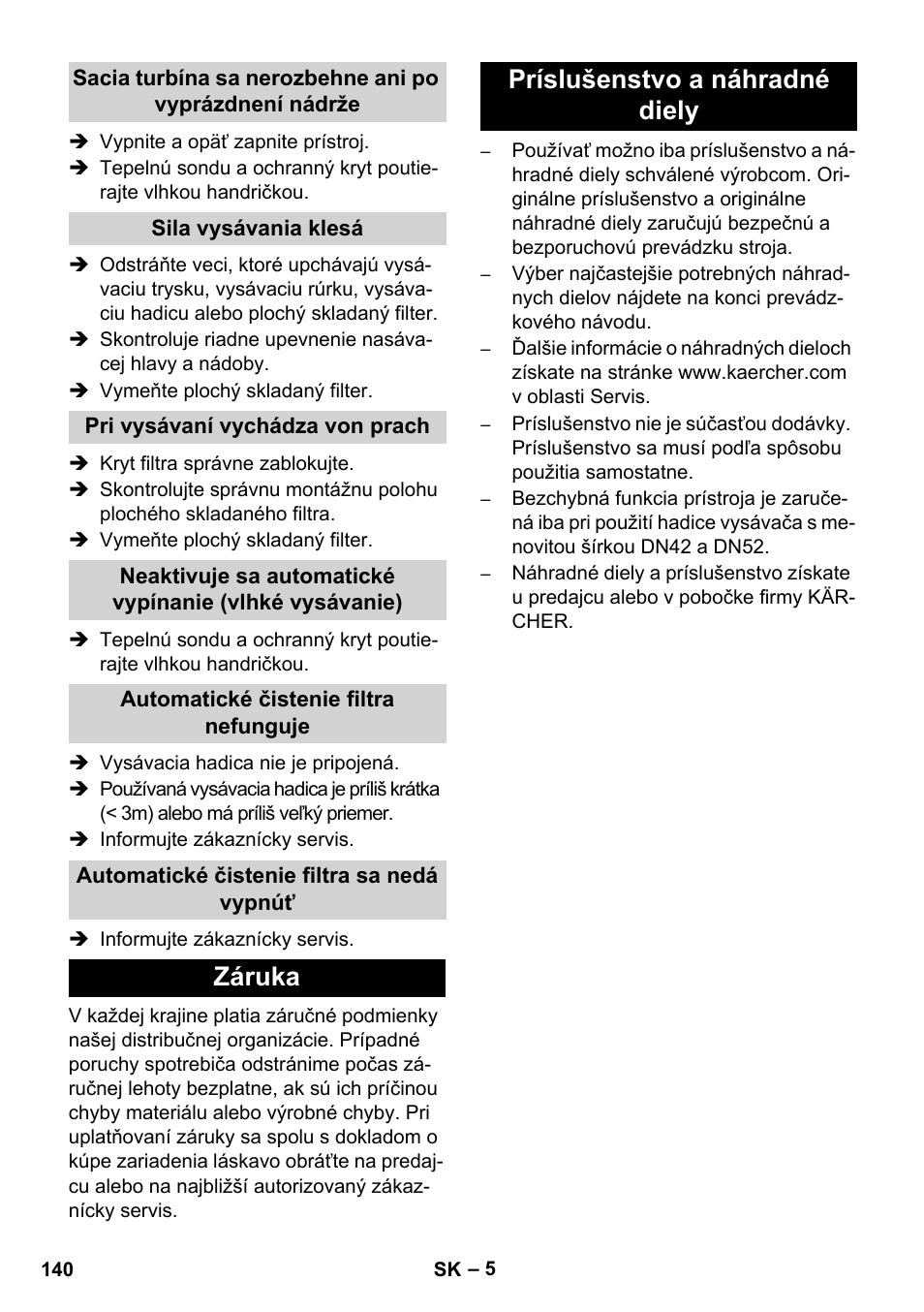 Záruka príslušenstvo a náhradné diely | Karcher IVC 60-30 Tact User Manual | Page 140 / 192