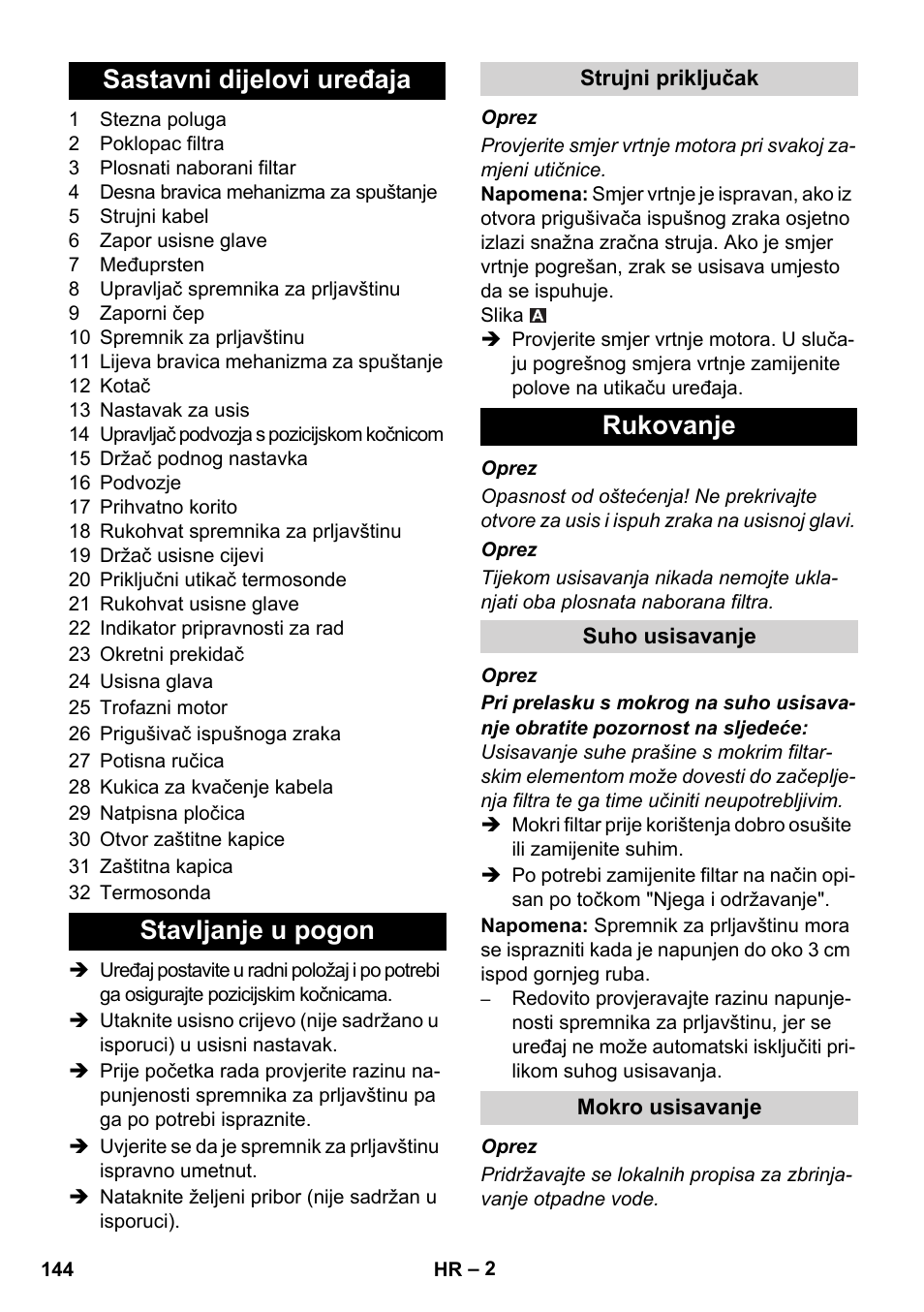 Sastavni dijelovi uređaja stavljanje u pogon, Rukovanje | Karcher IVC 60-30 Tact User Manual | Page 144 / 192