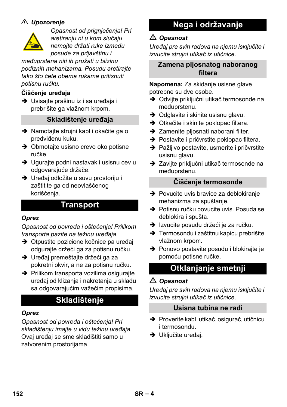 Transport skladištenje nega i održavanje, Otklanjanje smetnji | Karcher IVC 60-30 Tact User Manual | Page 152 / 192
