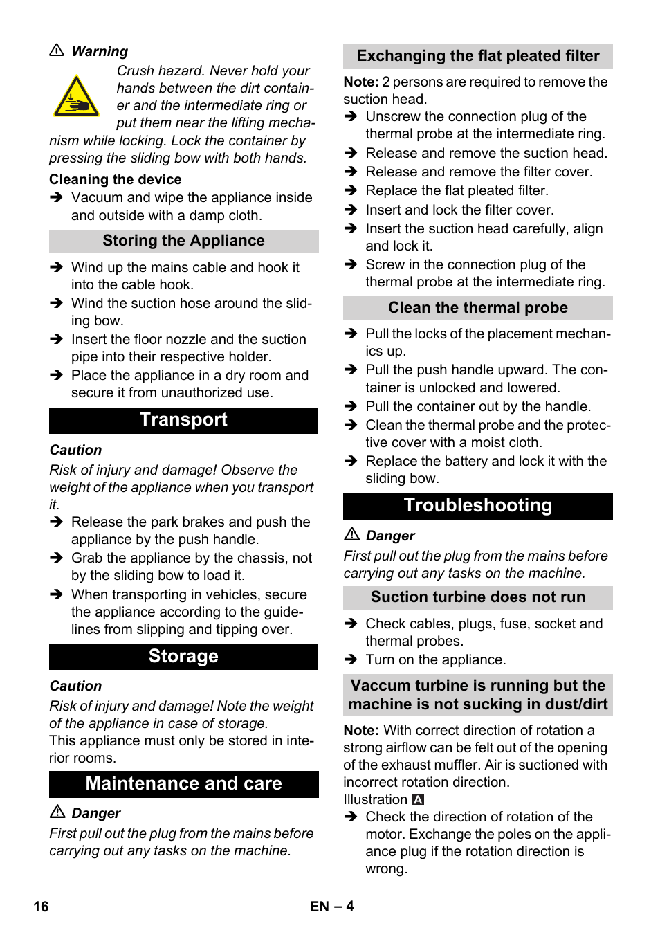 Transport storage maintenance and care, Troubleshooting | Karcher IVC 60-30 Tact User Manual | Page 16 / 192