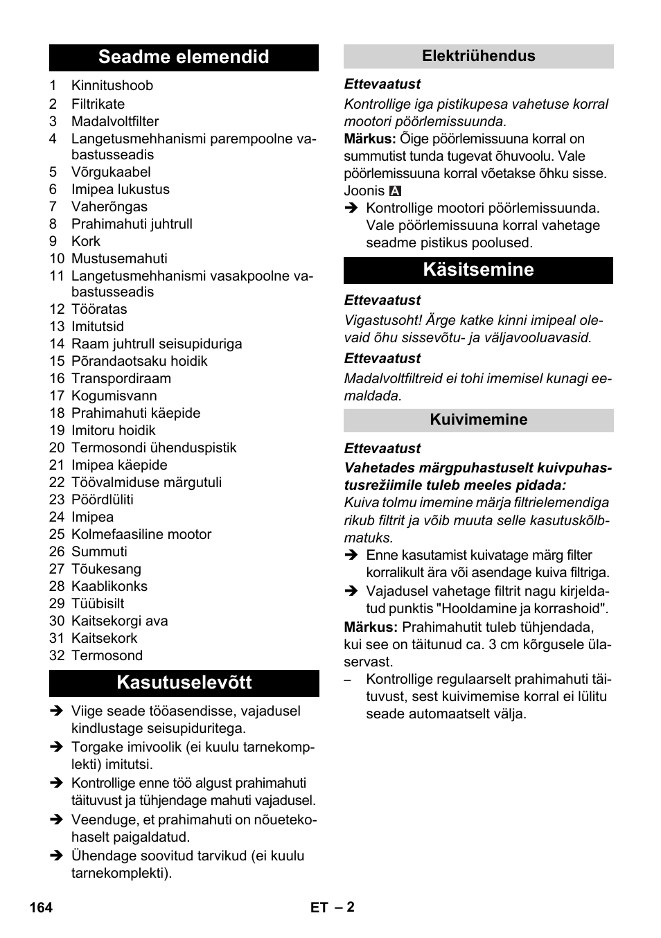 Seadme elemendid kasutuselevõtt, Käsitsemine | Karcher IVC 60-30 Tact User Manual | Page 164 / 192