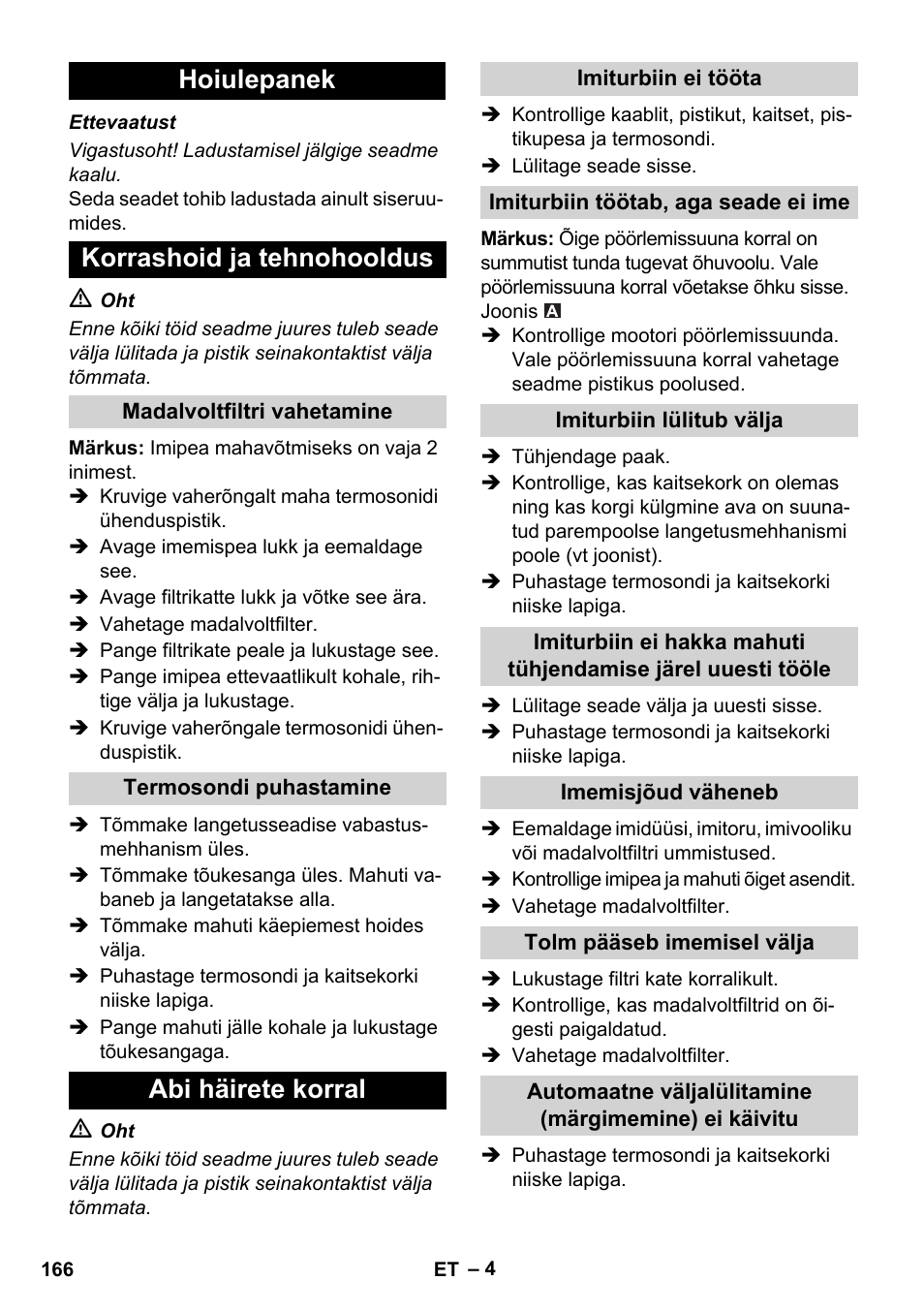Hoiulepanek korrashoid ja tehnohooldus, Abi häirete korral | Karcher IVC 60-30 Tact User Manual | Page 166 / 192