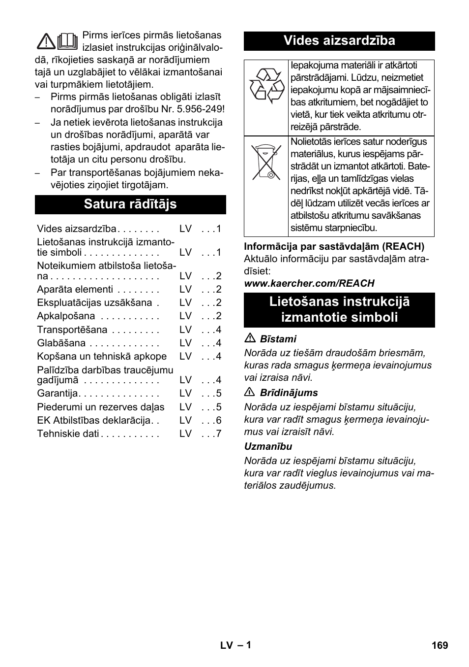 Latviešu, Satura rādītājs, Vides aizsardzība | Lietošanas instrukcijā izmantotie simboli | Karcher IVC 60-30 Tact User Manual | Page 169 / 192