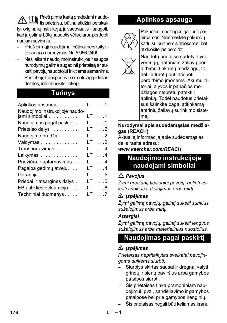Lietuviškai, Turinys, Aplinkos apsauga | Karcher IVC 60-30 Tact User Manual | Page 176 / 192
