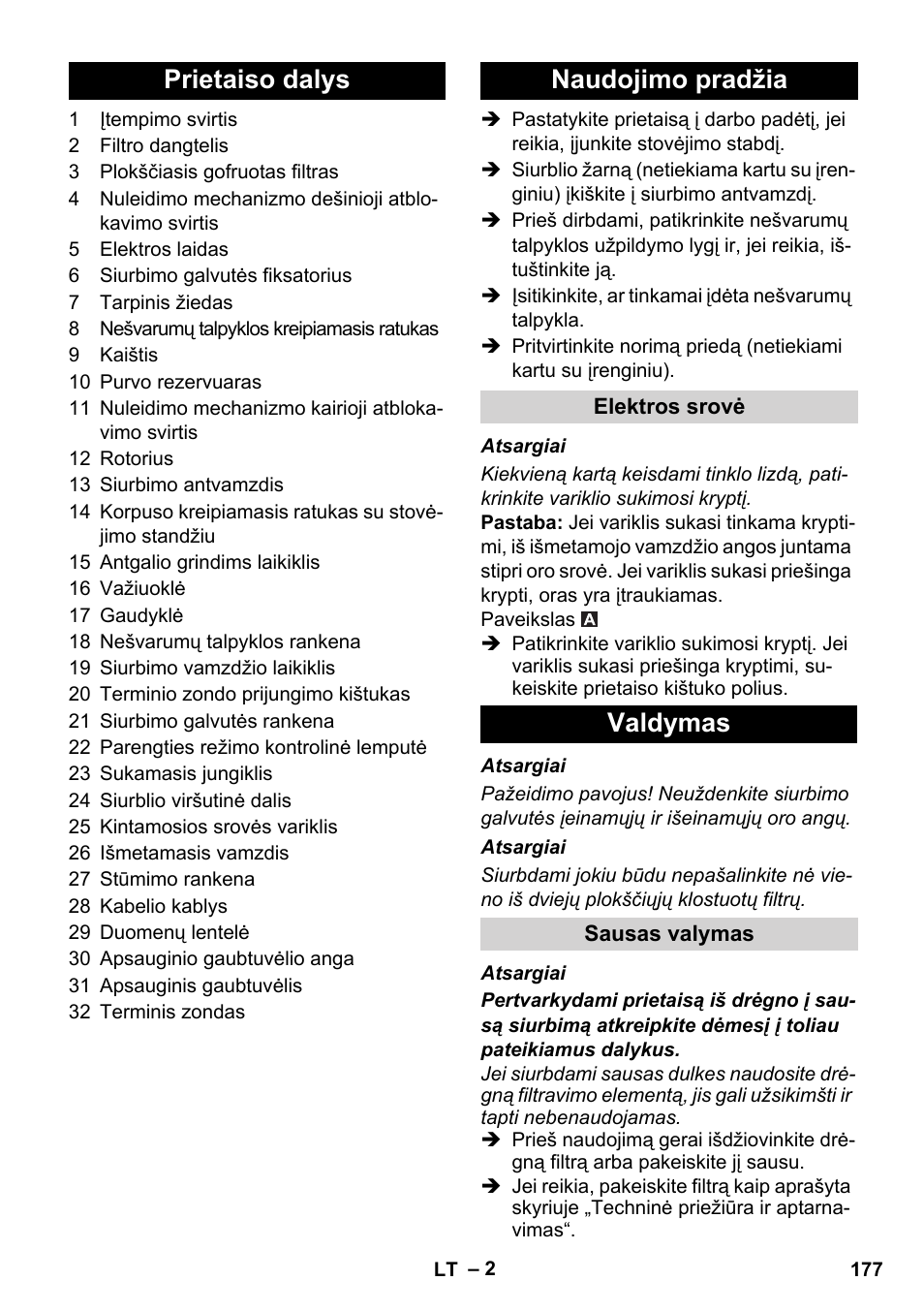 Prietaiso dalys naudojimo pradžia, Valdymas | Karcher IVC 60-30 Tact User Manual | Page 177 / 192