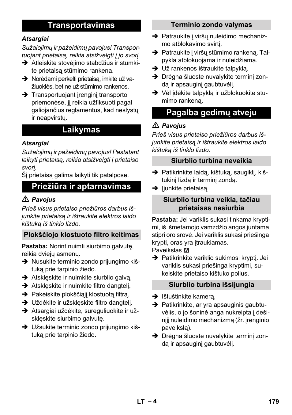 Transportavimas laikymas priežiūra ir aptarnavimas, Pagalba gedimų atveju | Karcher IVC 60-30 Tact User Manual | Page 179 / 192