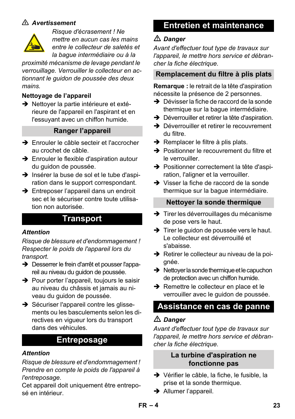 Transport entreposage entretien et maintenance, Assistance en cas de panne | Karcher IVC 60-30 Tact User Manual | Page 23 / 192